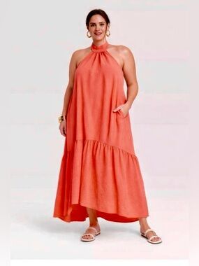 Maxi Boho Textured Halter Dress Coral XXL NWT